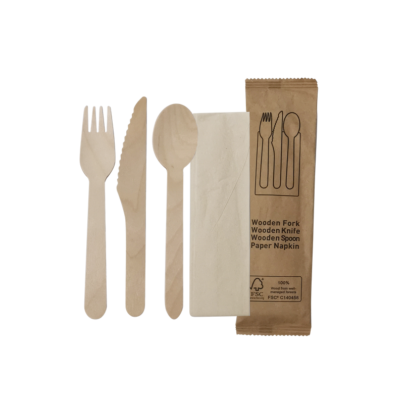 Combo: Fork+Spoon+Knife+Natural Napkin in Kraft Bag